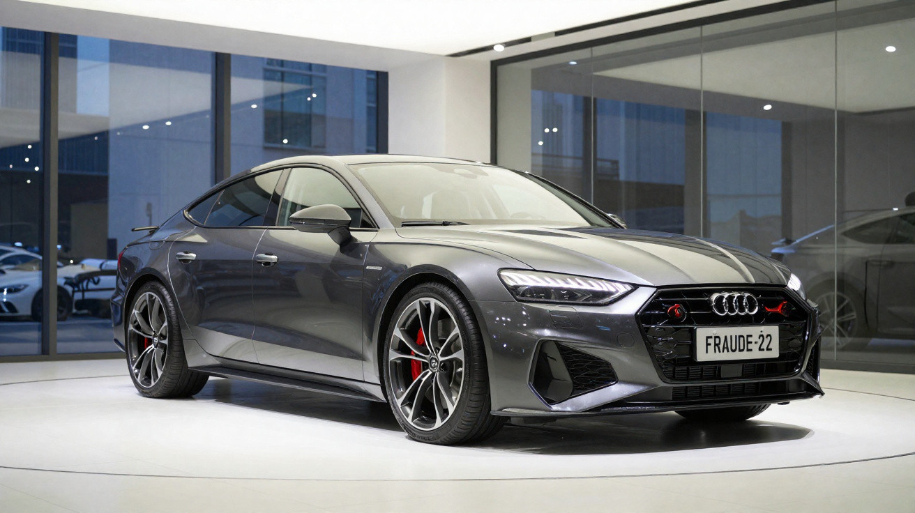 Carro Audi cinzento metálico estacionado numa sala expositora moderna com jantes desportivas e matrícula FRAUDE-22.