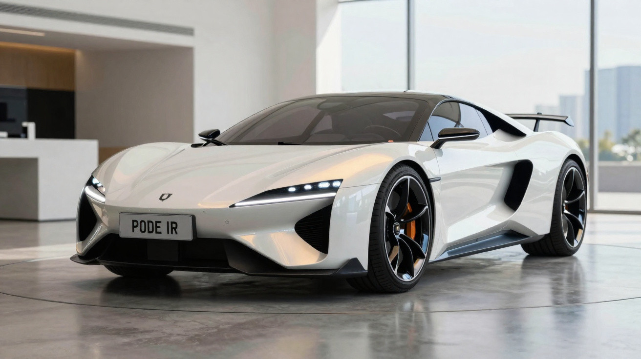 Carro desportivo branco com design moderno estacionado dentro de uma sala ampla e luminosa.