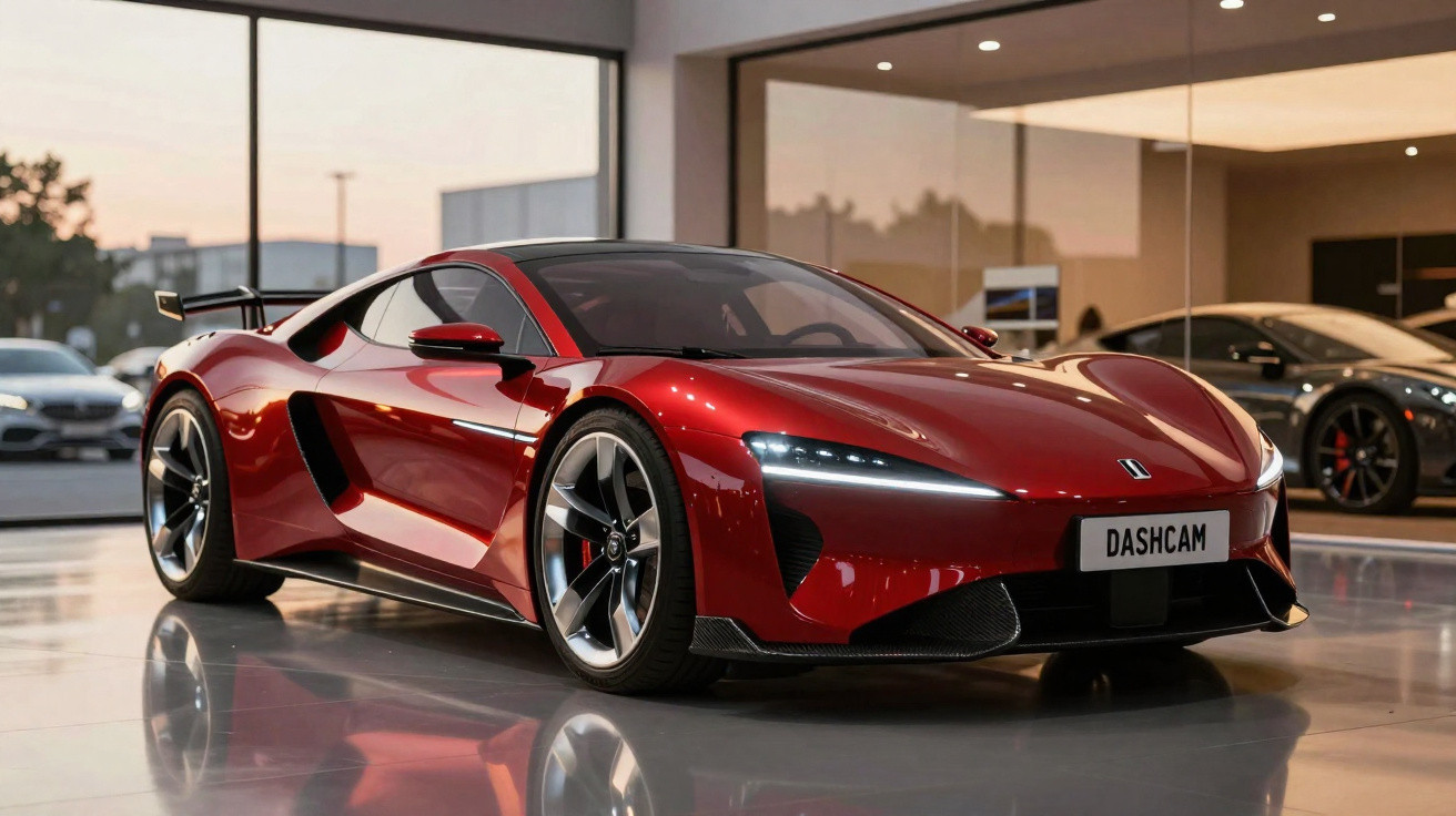 Carro desportivo vermelho brilhante estacionado em chão polido com garagem moderna ao fundo.