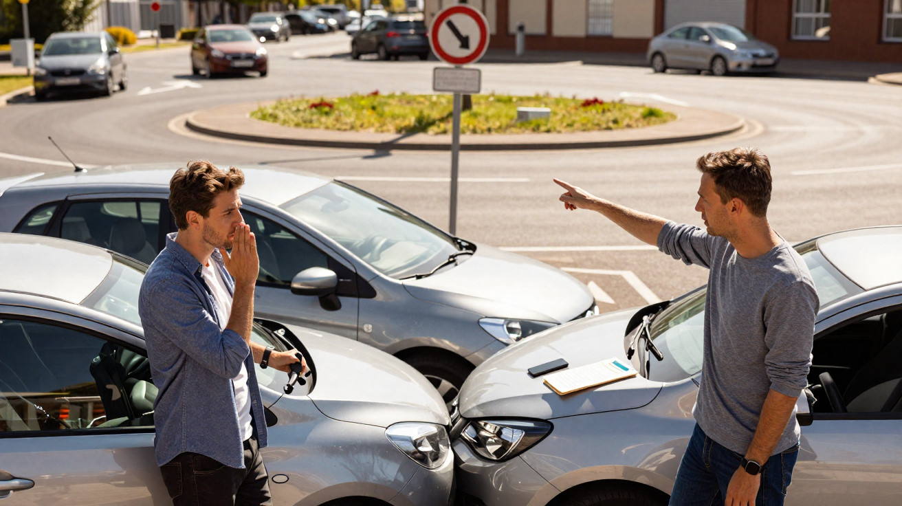 Dois homens discutem após colisão entre carros prateados numa rotunda urbana.