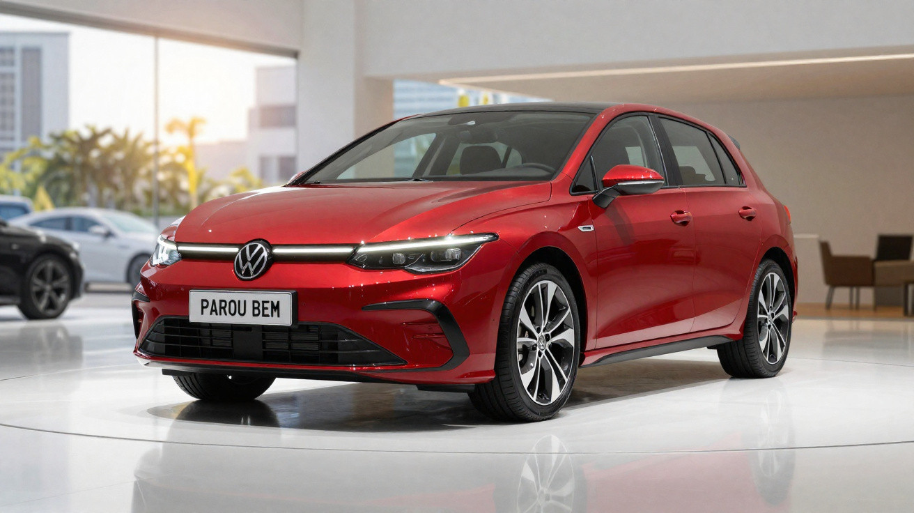 Carro Volkswagen Golf vermelho em exposição numa feira automóvel com placa "PAROU BEM".