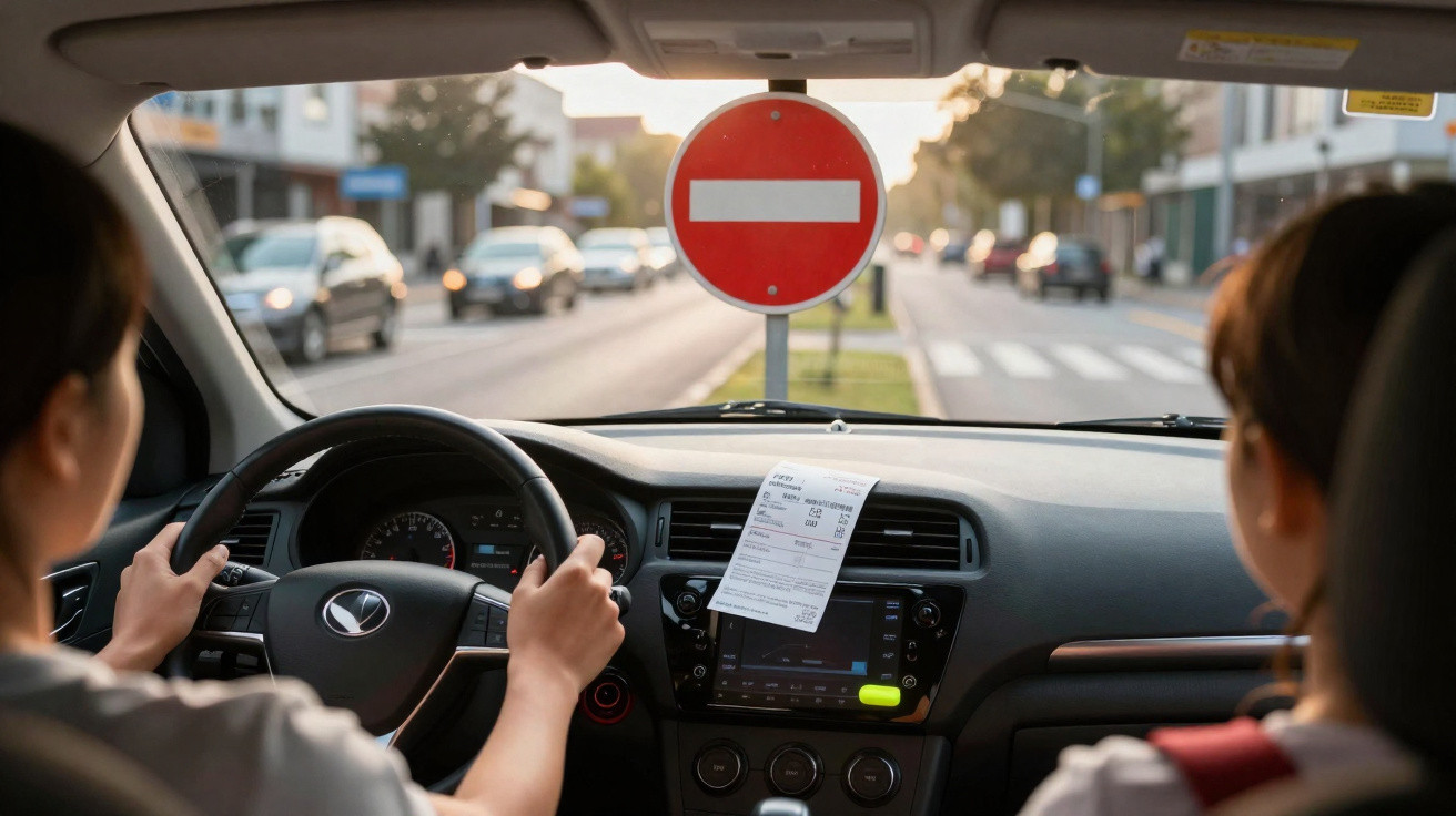 Interior de carro com duas pessoas, sinal de trânsito proibição de entrada à frente e papel de multa no painel.
