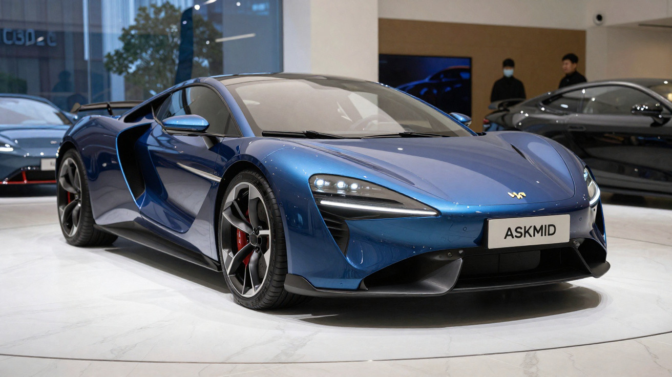 Carro desportivo azul metálico exibido em showroom com design aerodinâmico e portas abertas para trás.