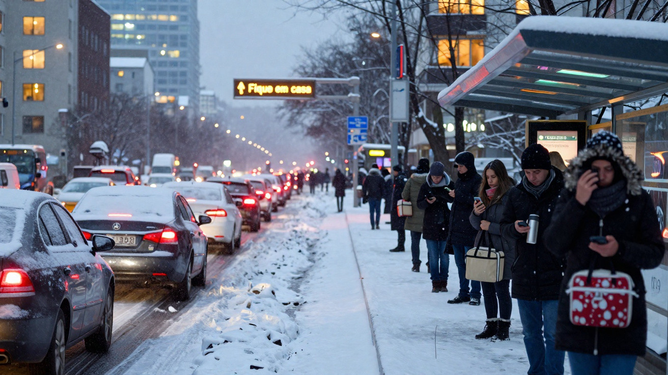 Fila de carros e pessoas à espera de transporte na paragem coberta, com neve na estrada e aviso digital "Fique em casa".