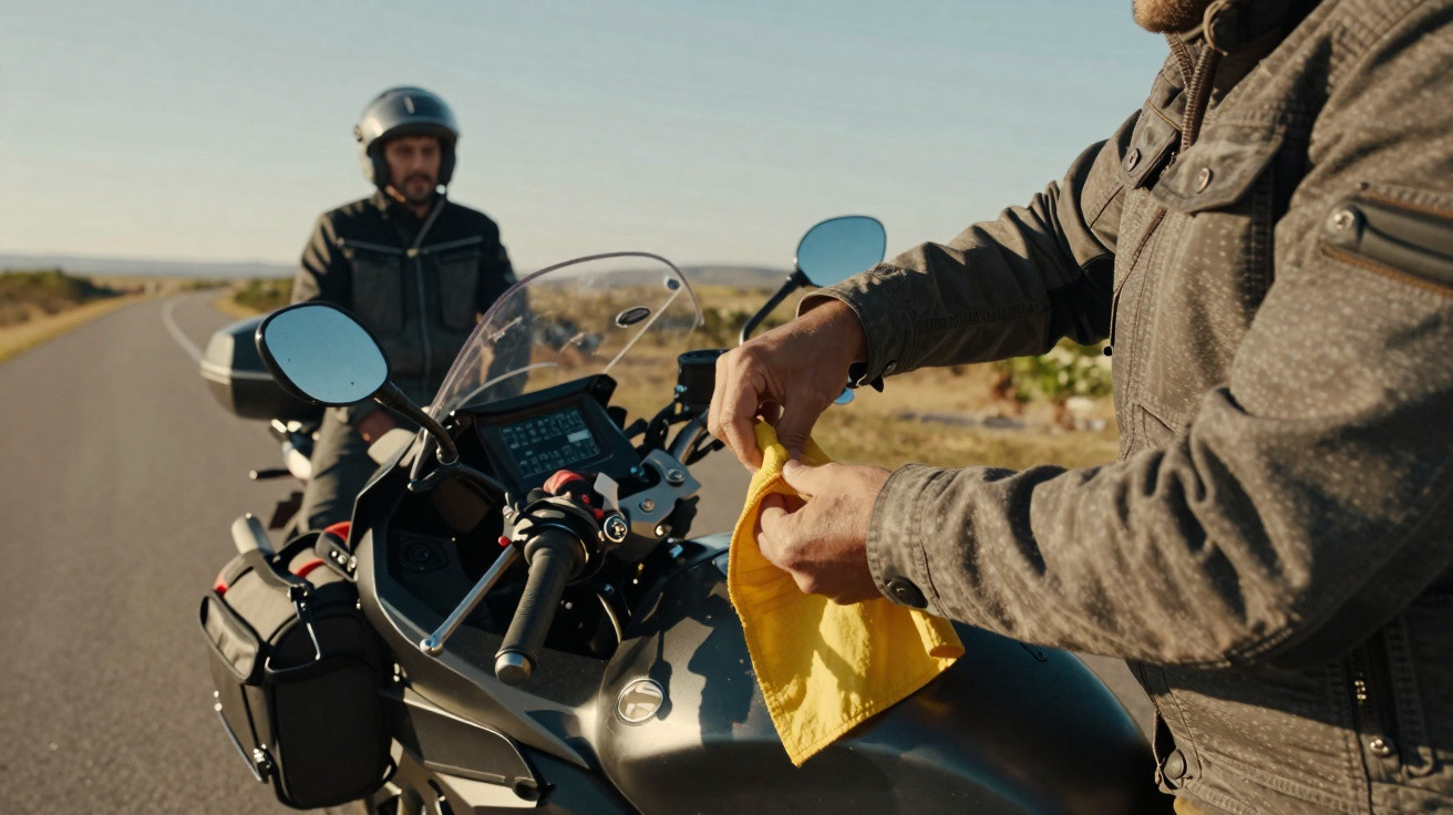 Dois motociclistas parados na estrada, um limpa o depósito da mota com um pano amarelo.