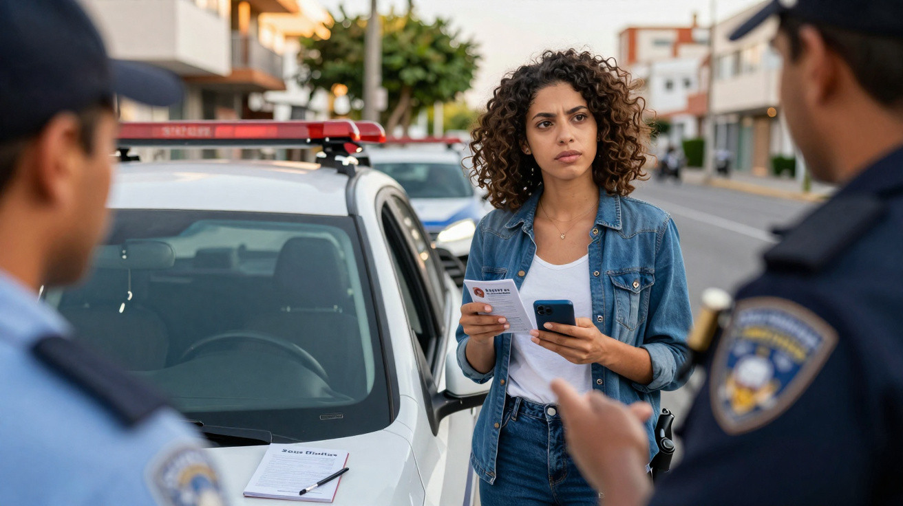 Jovem mulher a mostrar documentos a dois polícias junto a uma viatura policial numa rua urbana.