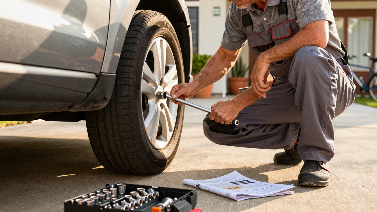 Homem a apertar parafuso da roda de um carro com chave de impacto, ferramentas e manual no chão.