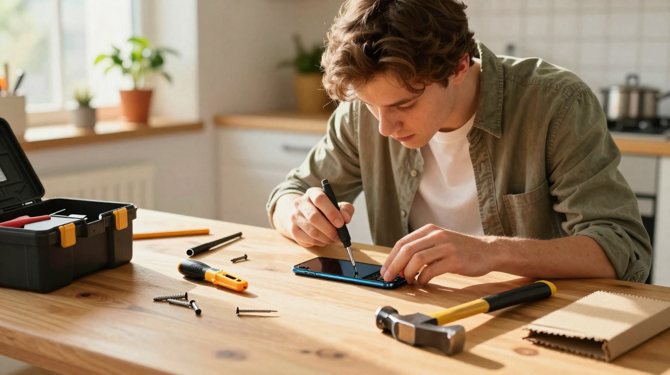 Jovem a reparar um telemóvel numa mesa com ferramentas e parafusos espalhados numa cozinha iluminada.