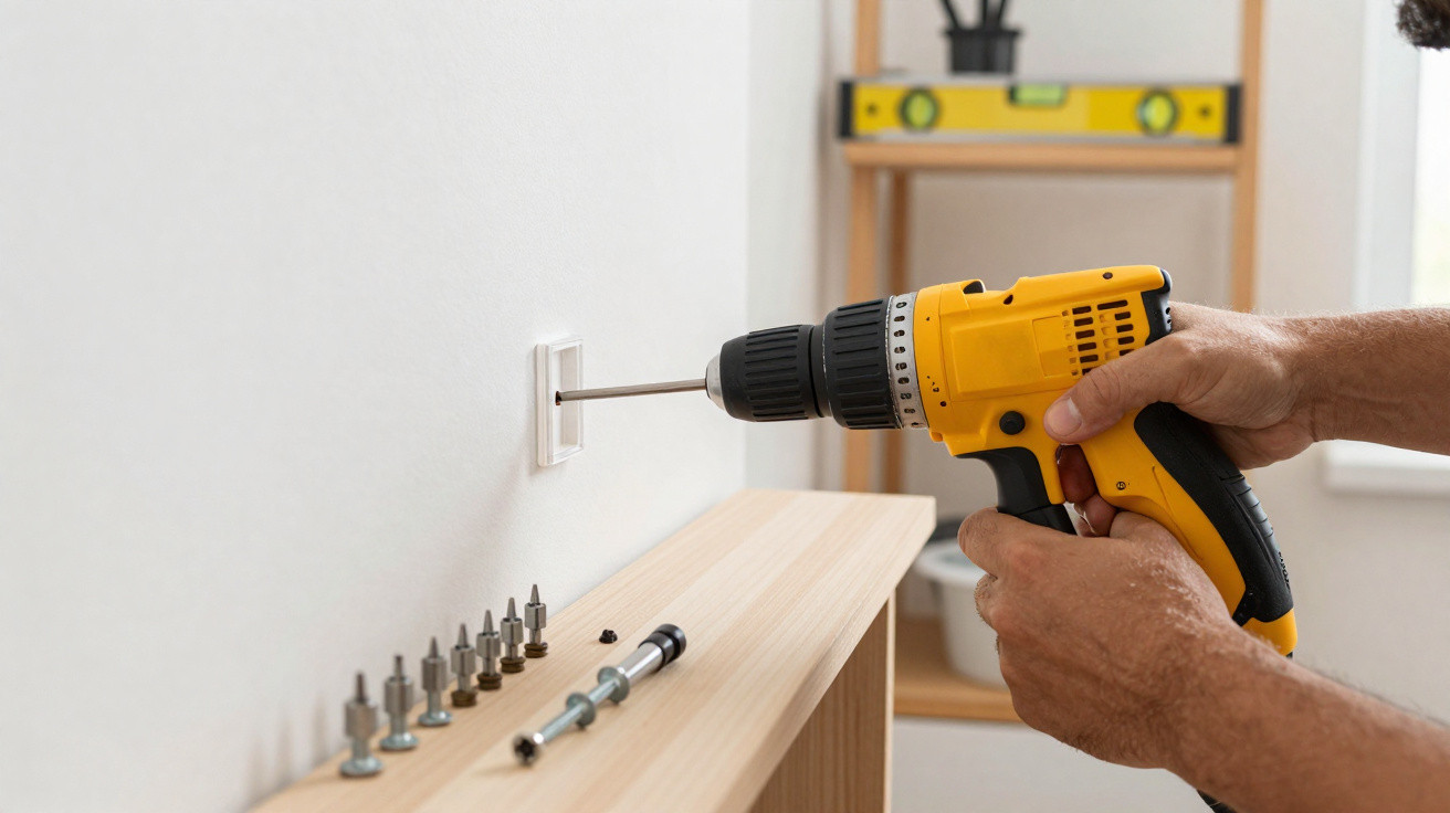 Pessoa a usar uma furadeira amarela para instalar uma tomada elétrica numa parede branca.