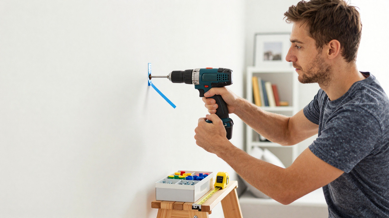 Homem a usar uma furadeira elétrica para instalar um quadro elétrico numa parede branca.