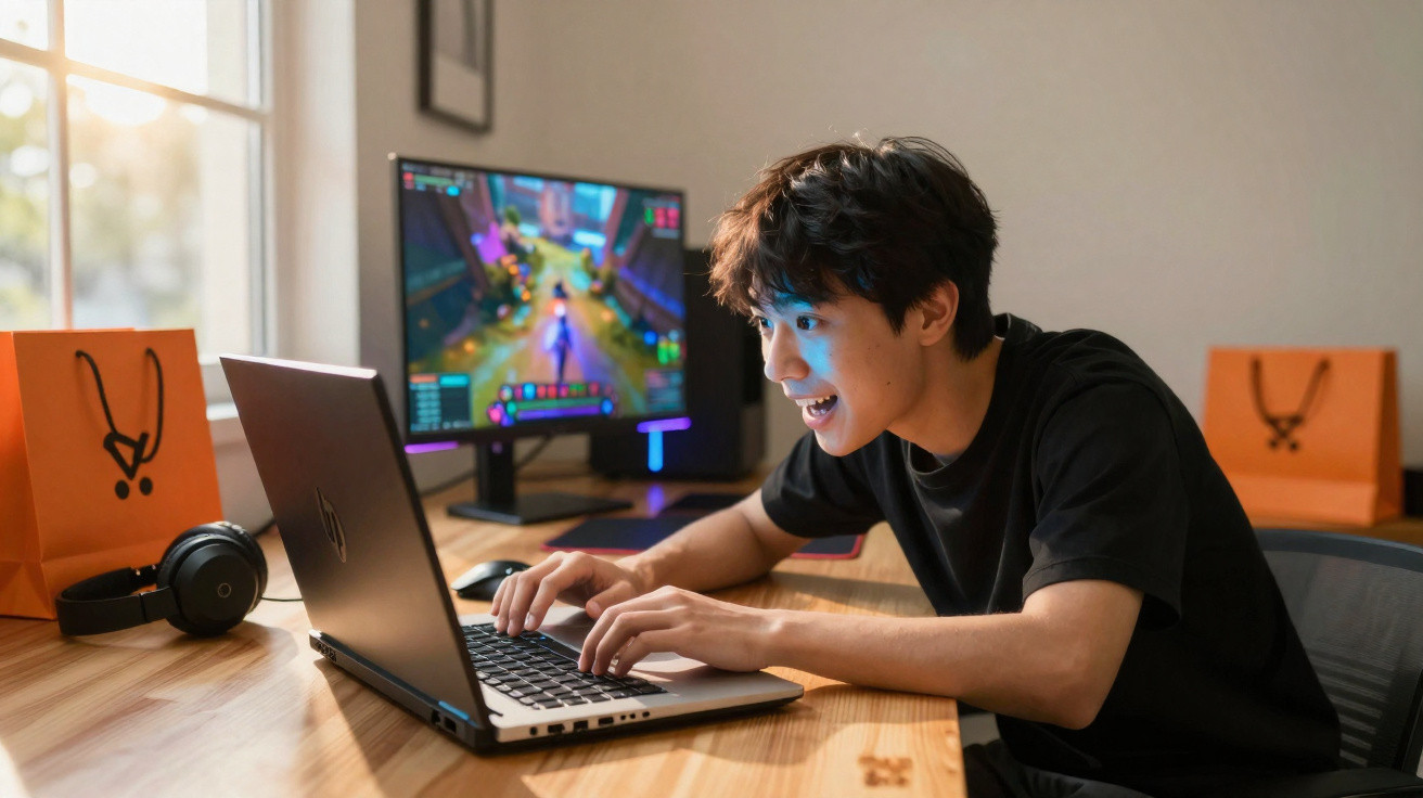 Jovem entusiasmado a jogar videojogo no portátil com monitor externo e auscultadores ao lado numa mesa de madeira.