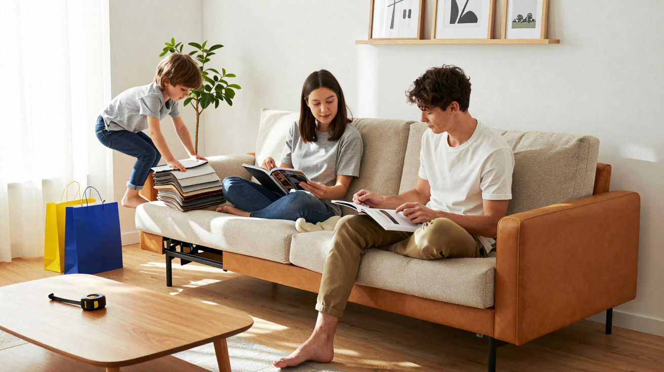 Família com menino e casal jovem sentados no sofá a ler livros numa sala iluminada.