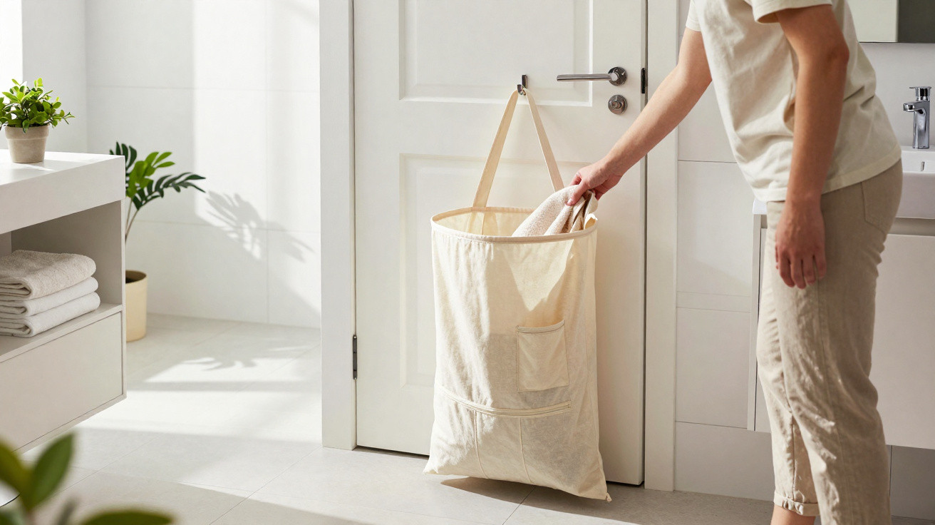 Pessoa a colocar roupa num saco de roupa pendurado na porta de uma casa de banho luminosa e minimalista.