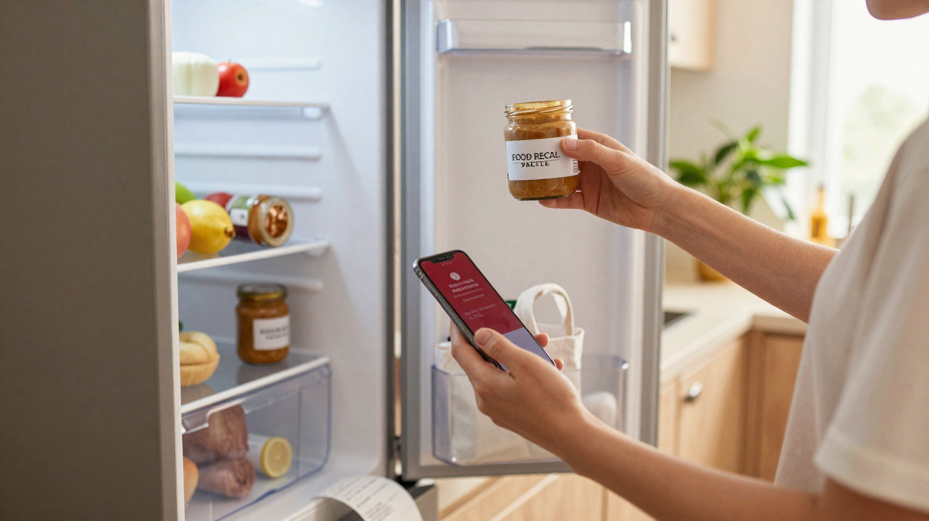 Pessoa segura frasco com etiqueta de recolha alimentar junto a frigorífico aberto e consulta telemóvel.
