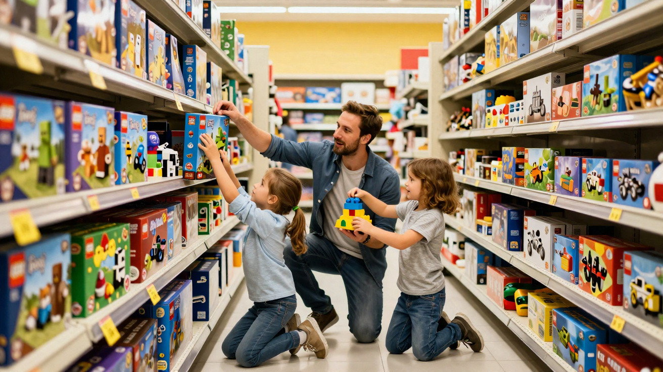 Pai e dois filhos a escolher brinquedos numa loja, rodeados de prateleiras com caixas coloridas.