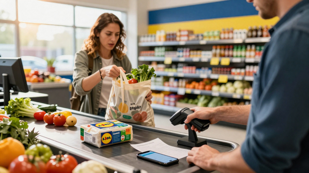 Mulher a fazer compras e colocar legumes numa sacola reutilizável no caixa de supermercado.