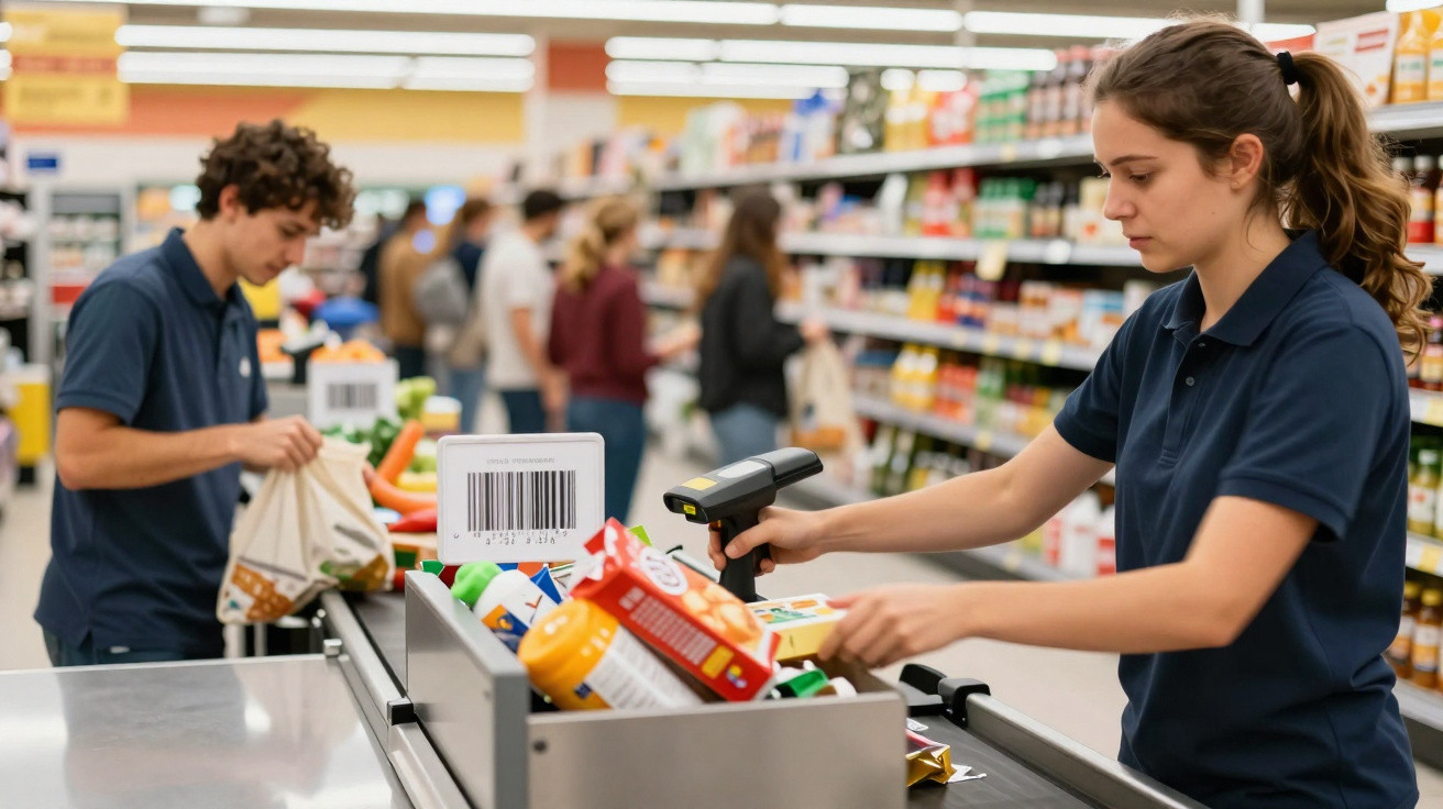 Funcionária a escanear produtos na caixa de supermercado com clientes a fazer compras ao fundo.