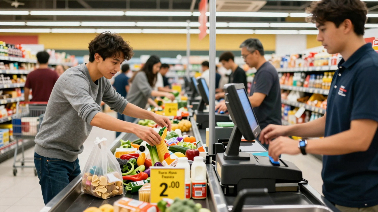 Cliente a organizar compras na caixa de supermercado, com legumes e produtos diversos no tapete rolante.
