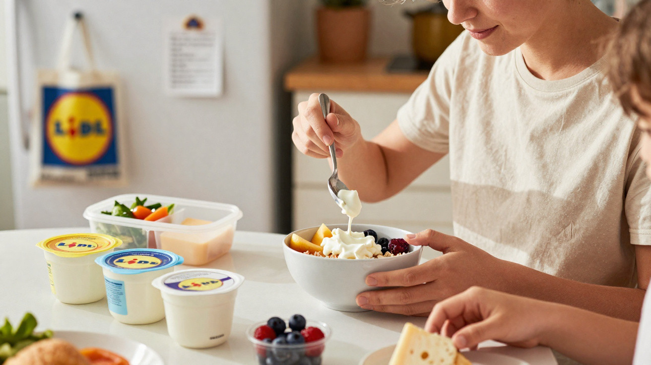 Pessoa a colocar iogurte numa taça com frutas variadas na mesa com produtos Lidl à sua frente.