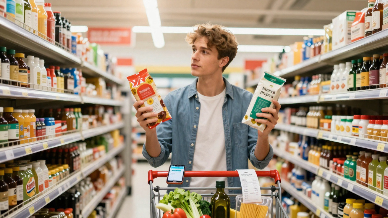 Jovem num supermercado comparando dois pacotes de produtos enquanto empurra um carrinho de compras.