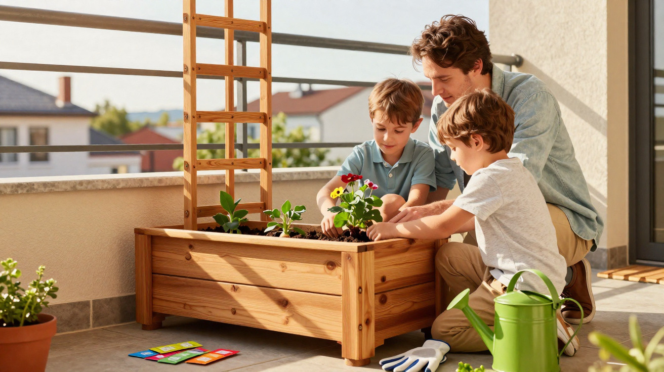 Pai e dois filhos a plantar flores numa varanda ensolarada com jardim em madeira e regador verde.