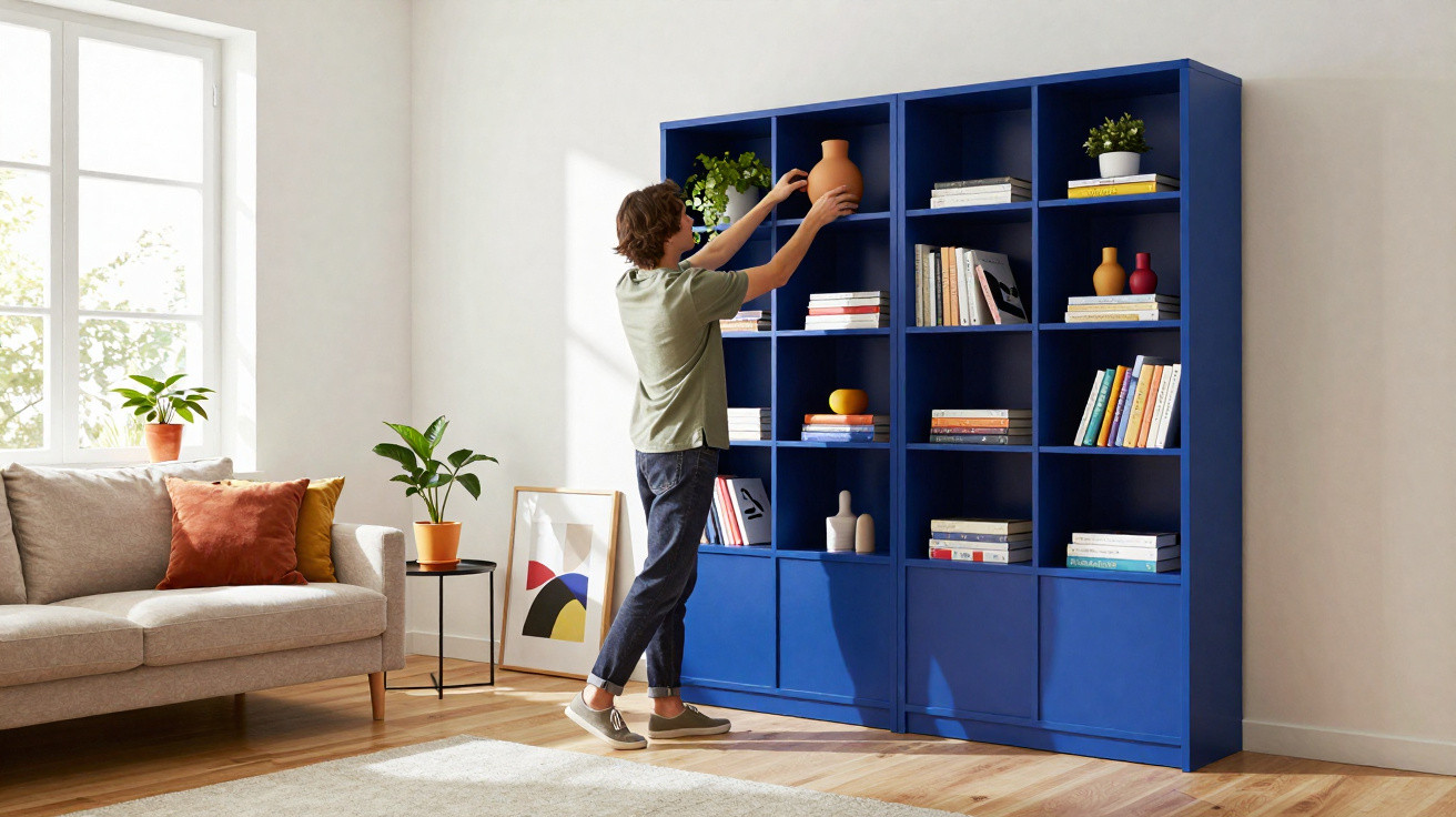 Pessoa a arrumar jarro numa estante azul cheia de livros numa sala iluminada com sofá cinza e plantas.