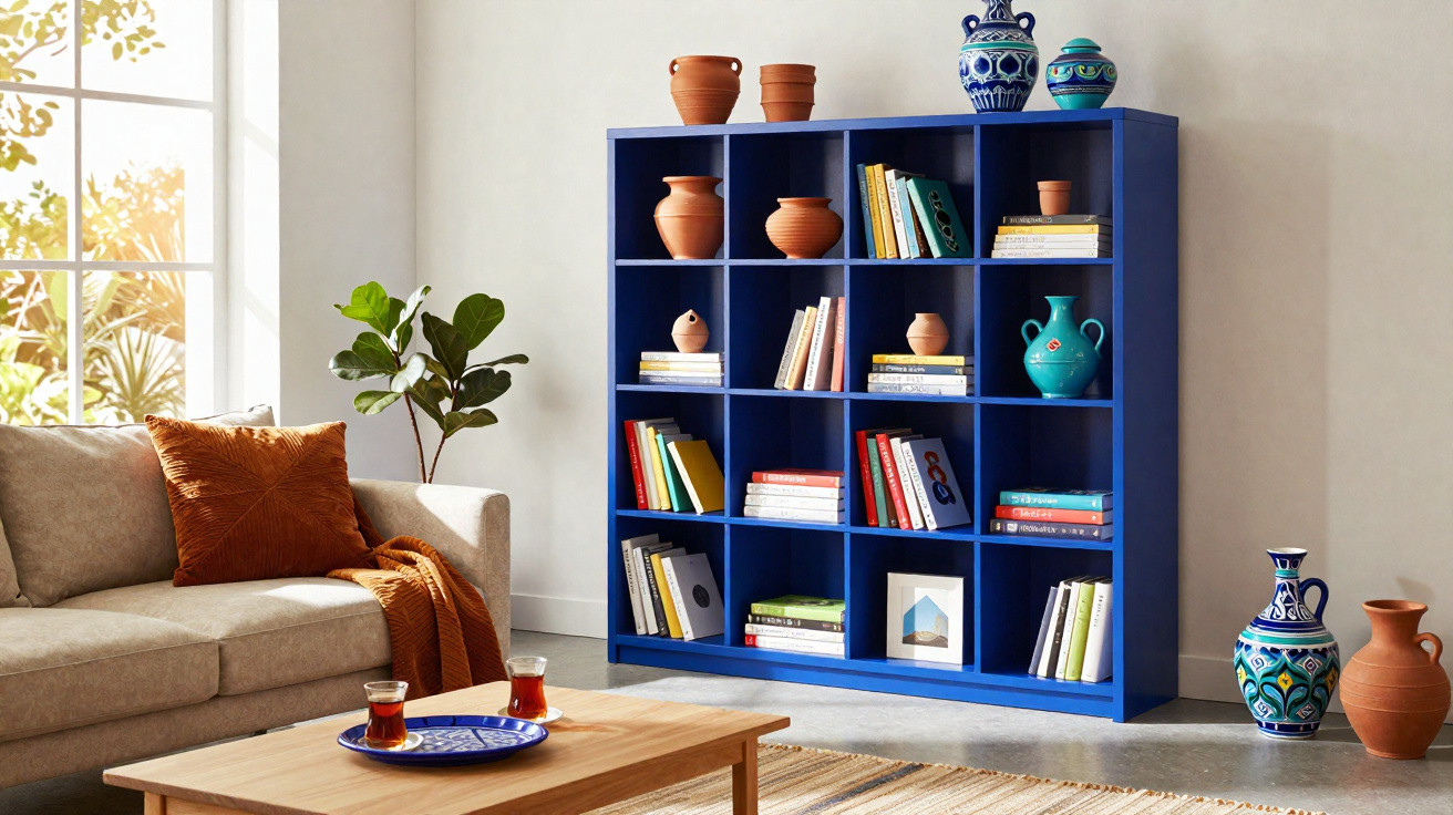 Estante azul com livros e vasos decorativos, sofá cinza com almofada laranja, mesa de madeira e plantas.