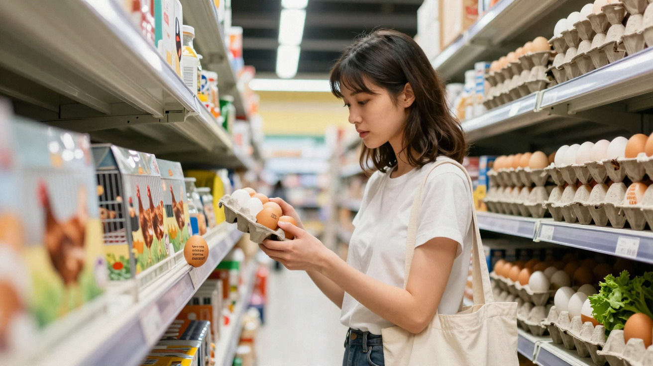 Mulher jovem a segurar uma caixa de ovos num supermercado entre prateleiras cheias de alimentos.