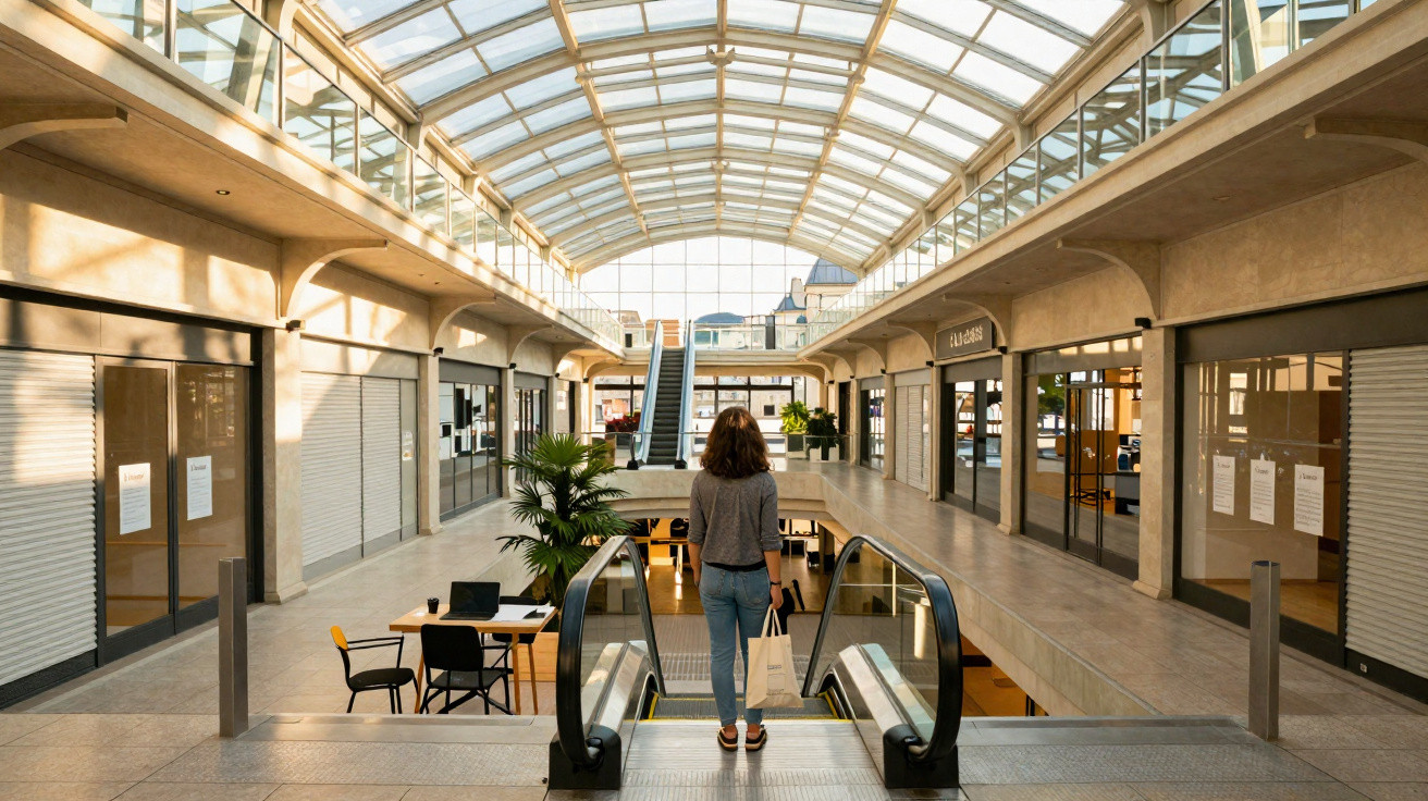 Mulher de costas numa escada rolante dentro de centro comercial com tecto de vidro e lojas fechadas.