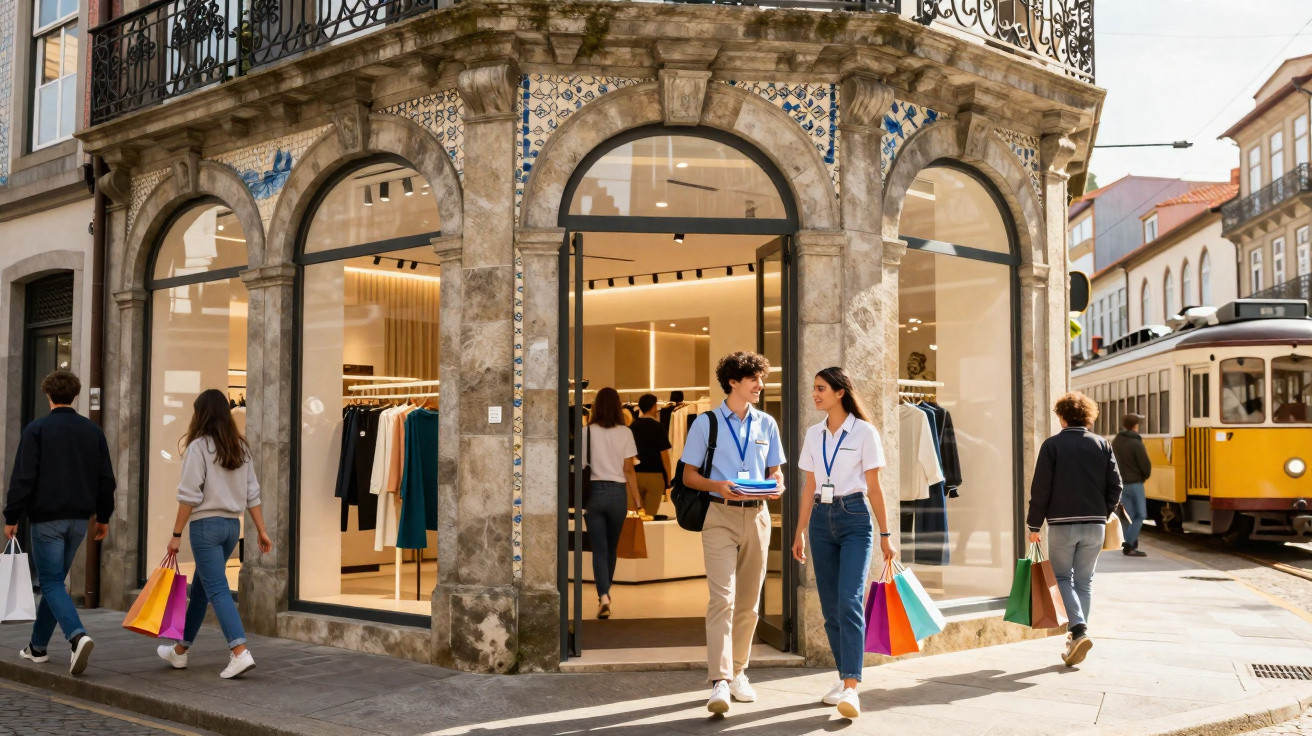 Loja de roupa num edifício antigo com pessoas a sair e elétrico amarelo numa rua da cidade.