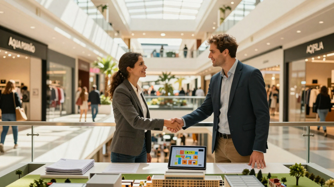 Duas pessoas em fato apertam as mãos num centro comercial, com maquete e computador à frente.