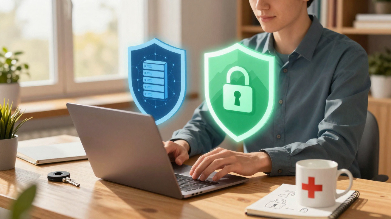 Pessoa a usar computador portátil com ícones digitais de segurança e proteção na tela.