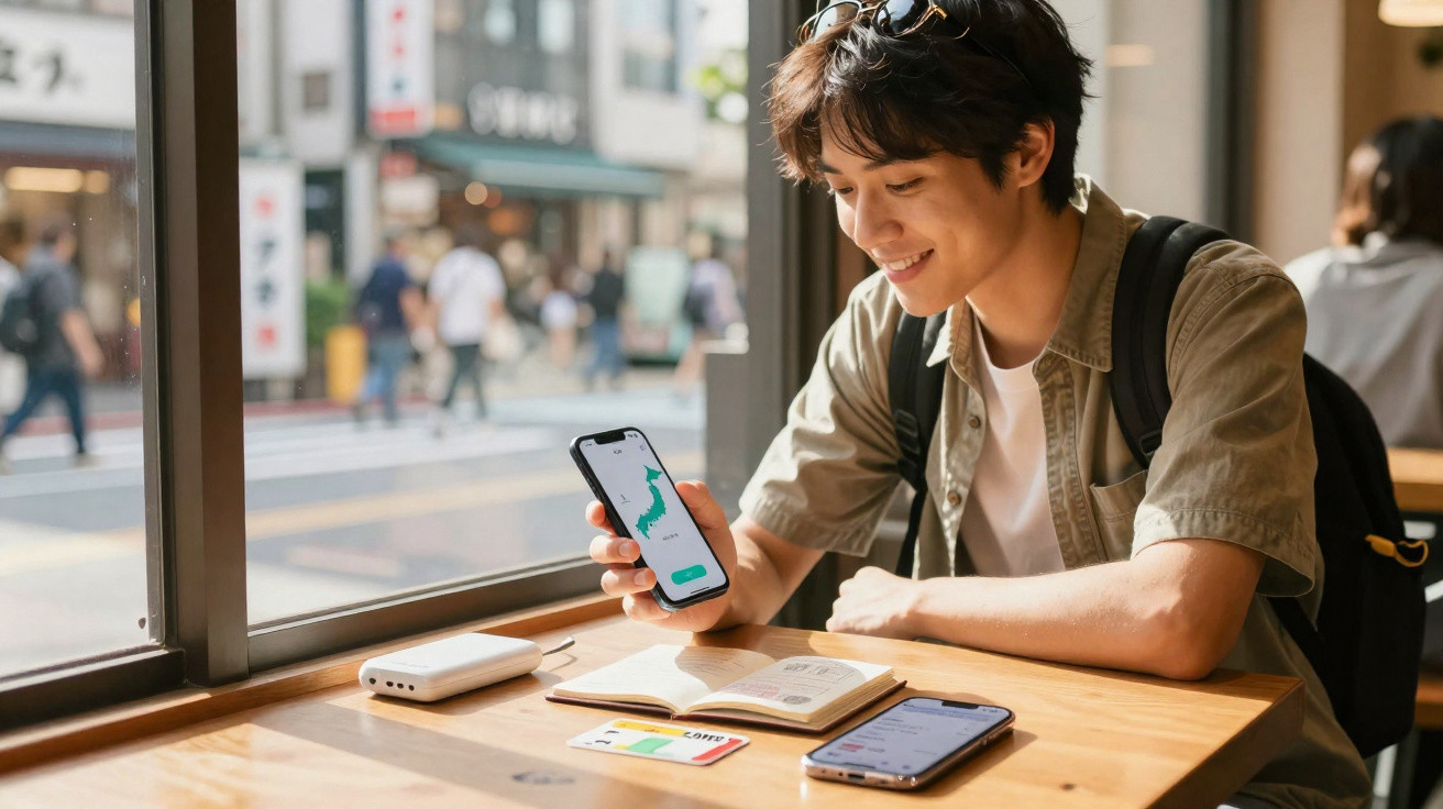 Homem sorridente sentado numa cafeteria a usar smartphone com power bank e carteira na mesa junto à janela.