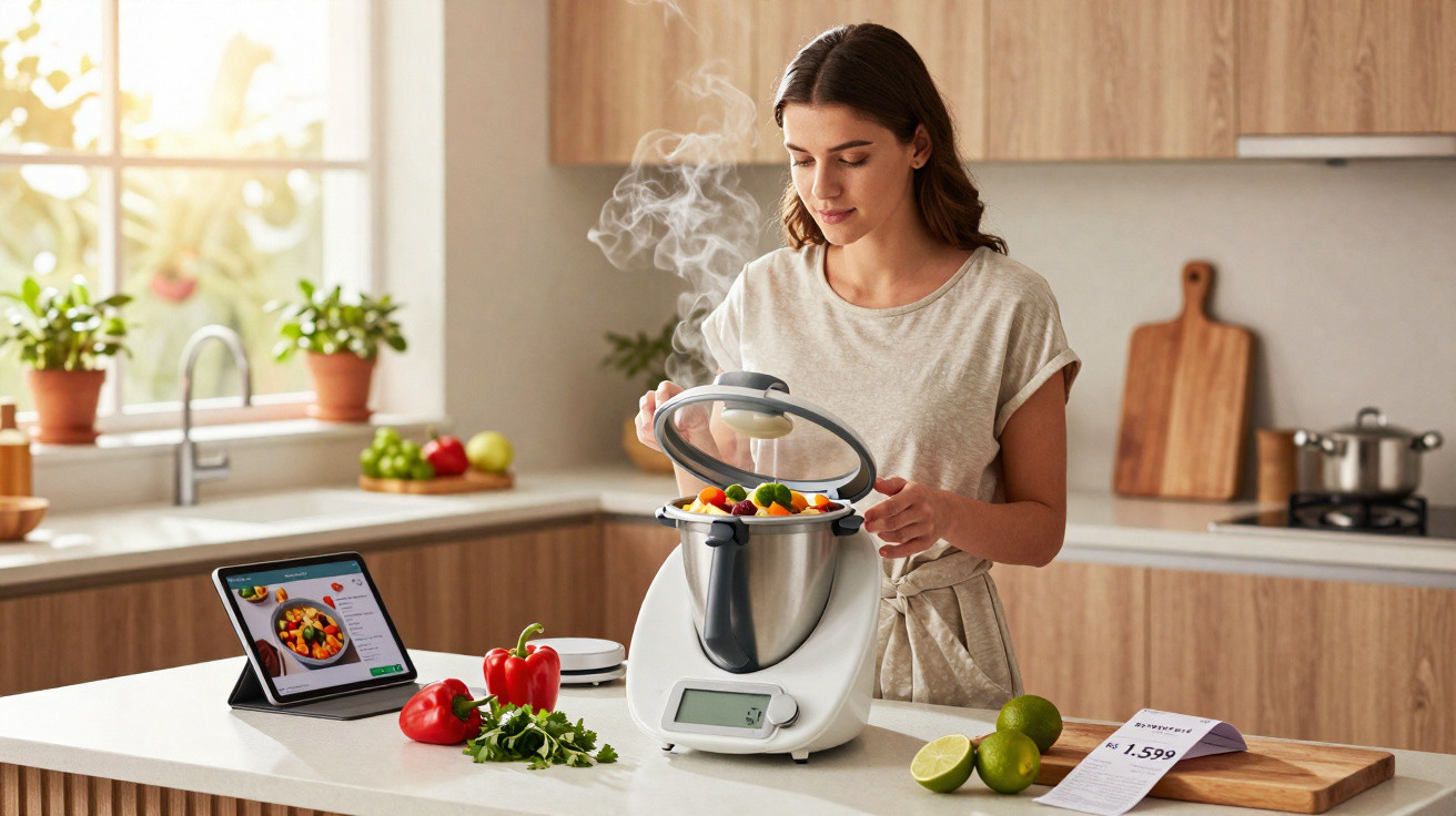 Mulher a cozinhar com robot de cozinha numa cozinha moderna, consultando receita num tablet.