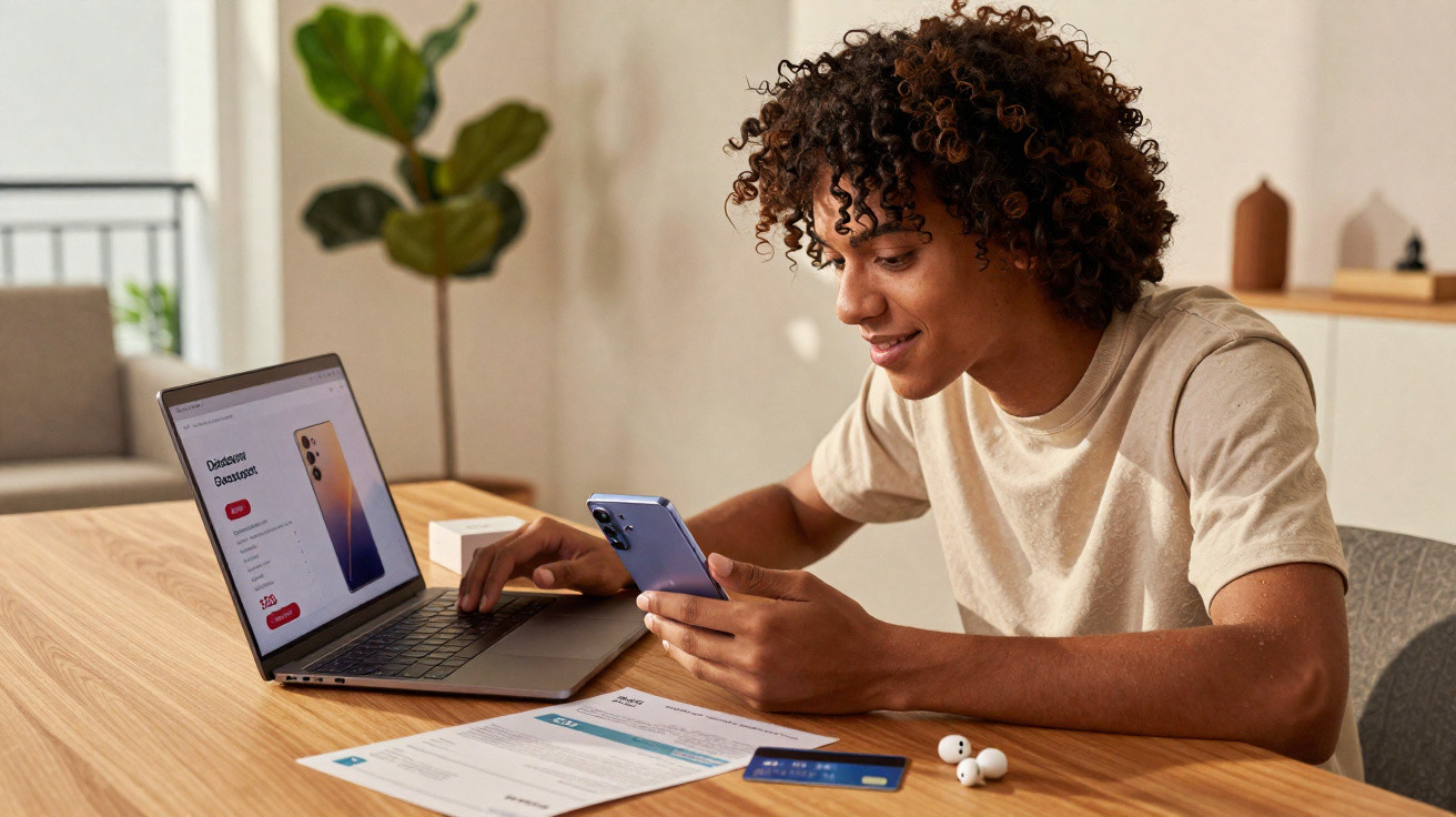 Jovem sentado à mesa com computador, telemóvel, cartão bancário e documentos, sorrindo enquanto usa o smartphone.