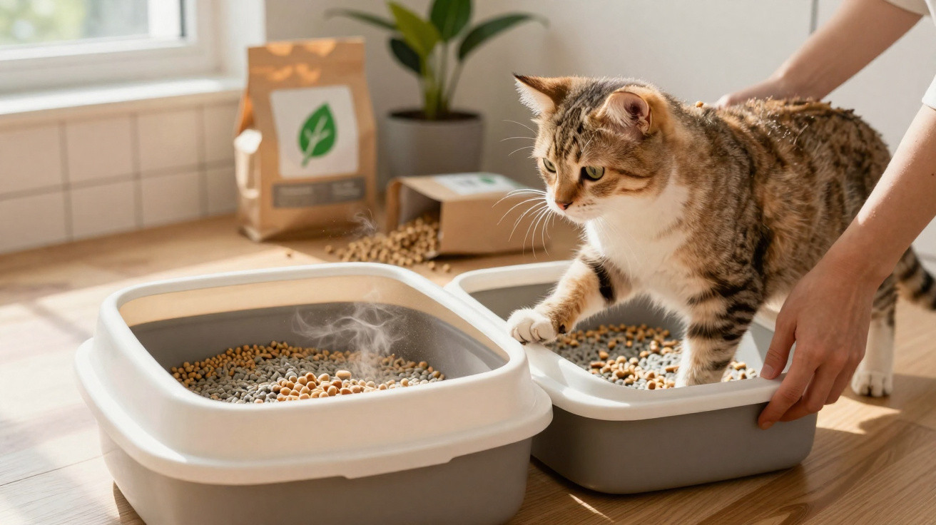 Gato a usar caixa de areia biodegradável com uma pessoa a segurar a caixa junto à janela iluminada.