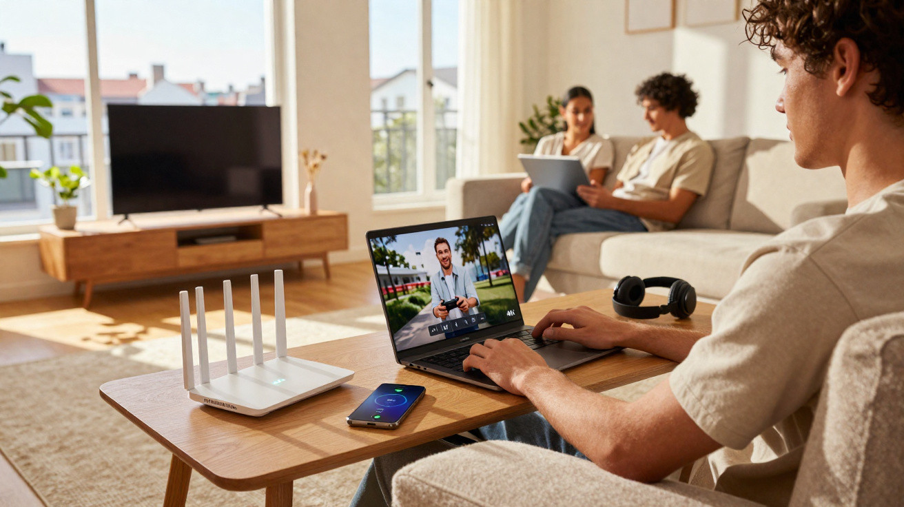 Pessoa a usar portátil para videoconferência com amigos numa sala luminosa, com router e smartphone na mesa.