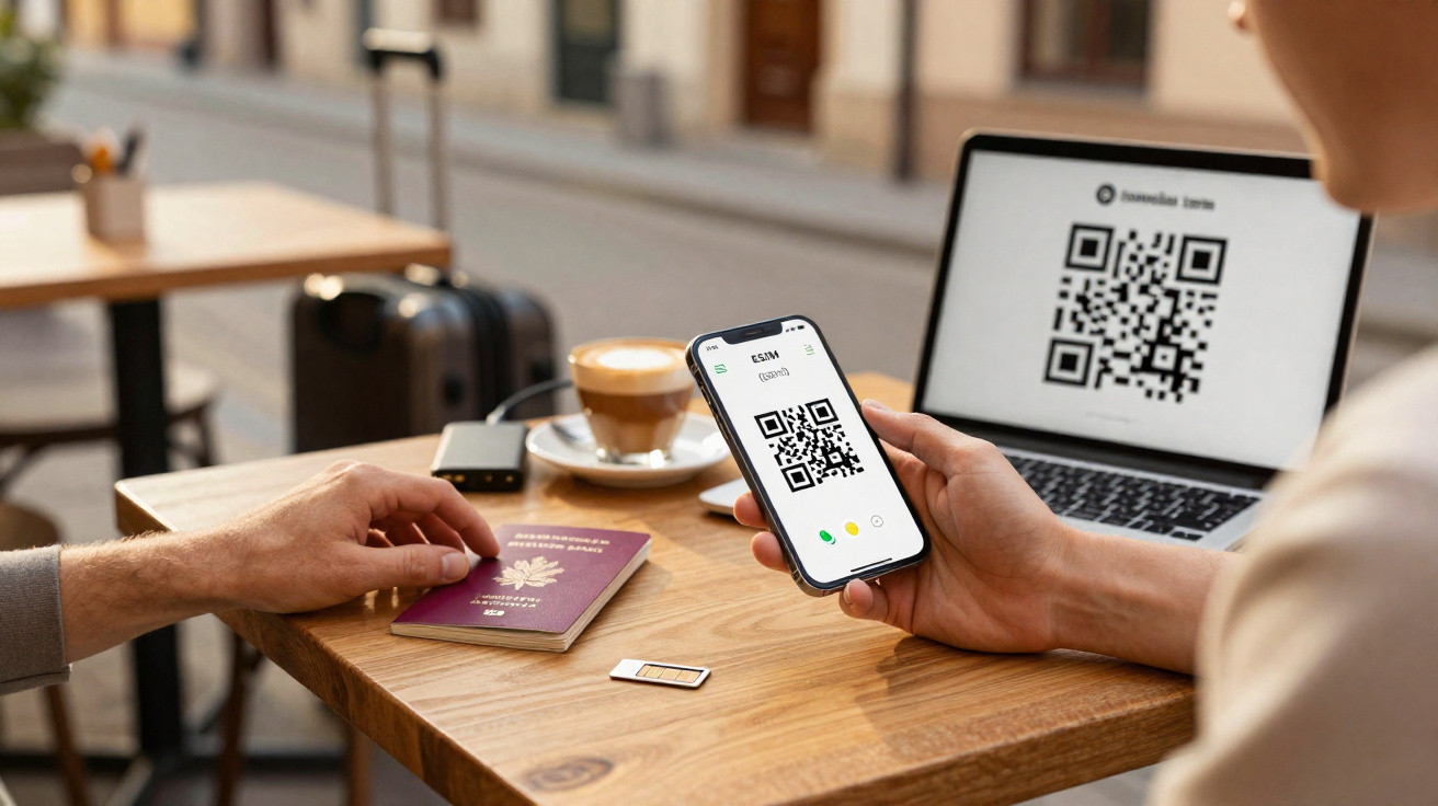 Pessoa utiliza smartphone para ler código QR, com passaporte, cartão SIM, computador portátil e café numa mesa.