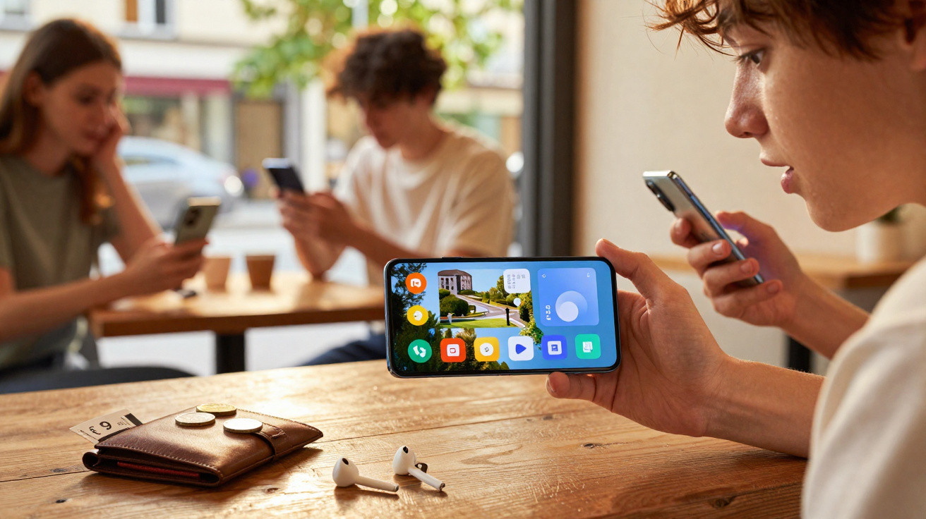 Jovem mostra e explica algo no smartphone, com amigos também a usar telemóveis numa mesa de café.
