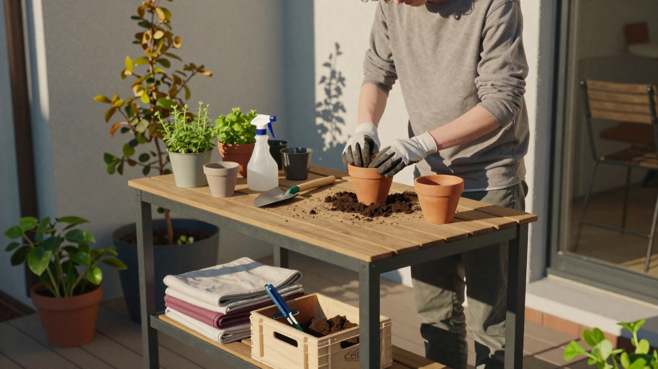 Pessoa a transplantar planta em vaso pequeno num espaço exterior com várias plantas e utensílios de jardinagem.