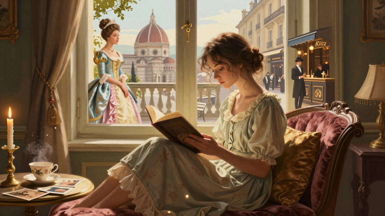 Mulher vestida a rigor lê livro numa sala clássica com chá, vela e outra mulher elegante ao fundo na janela.
