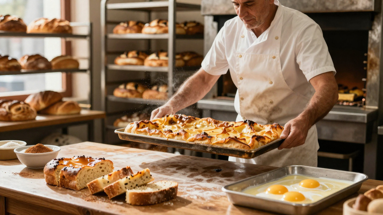 Padeiro retira tabuleiro de forno com pão recém-assado numa padaria tradicional cheia de pães variados.