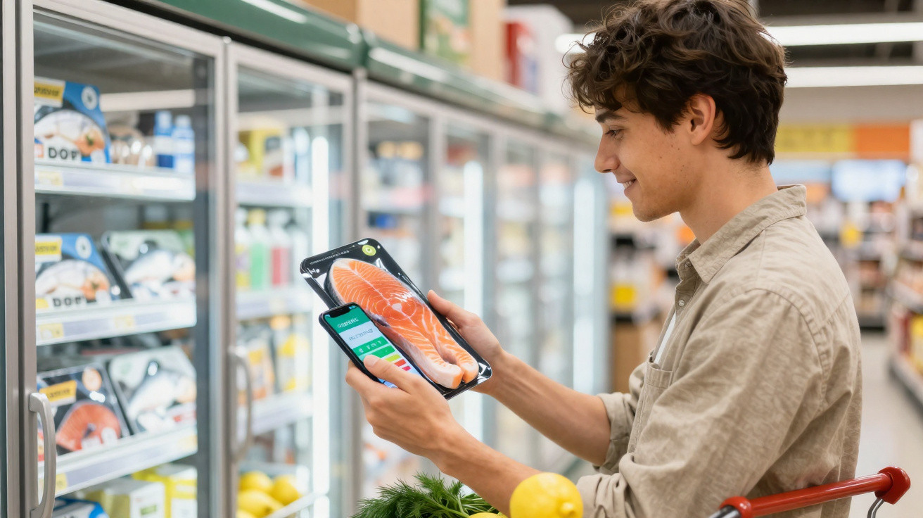 Homem com carrinho de compras compara preço de peixe no smartphone no supermercado.