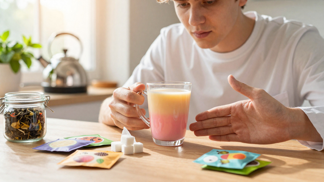 Pessoa a preparar bebida colorida em copo transparente numa mesa com cubos de açúcar e pacotes de chá.