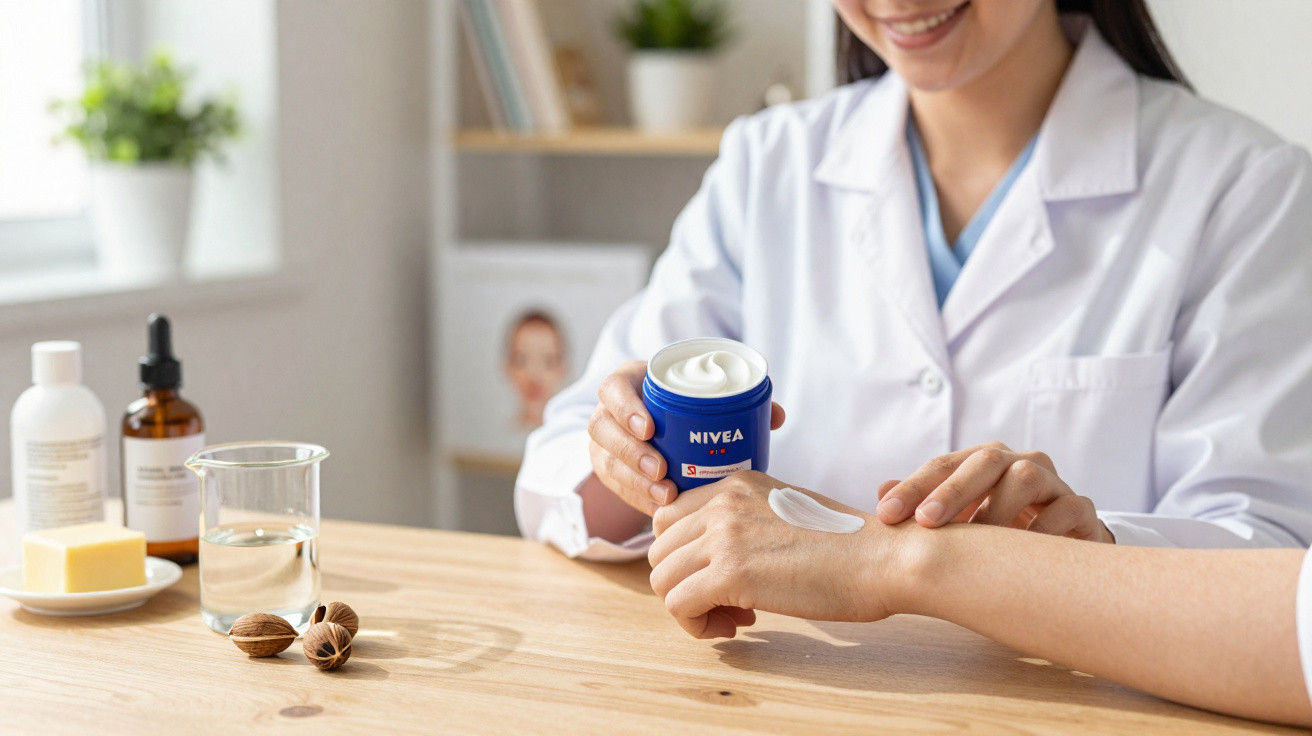 Especialista em dermatologia aplica creme Nivea na mão de um cliente num consultório moderno.