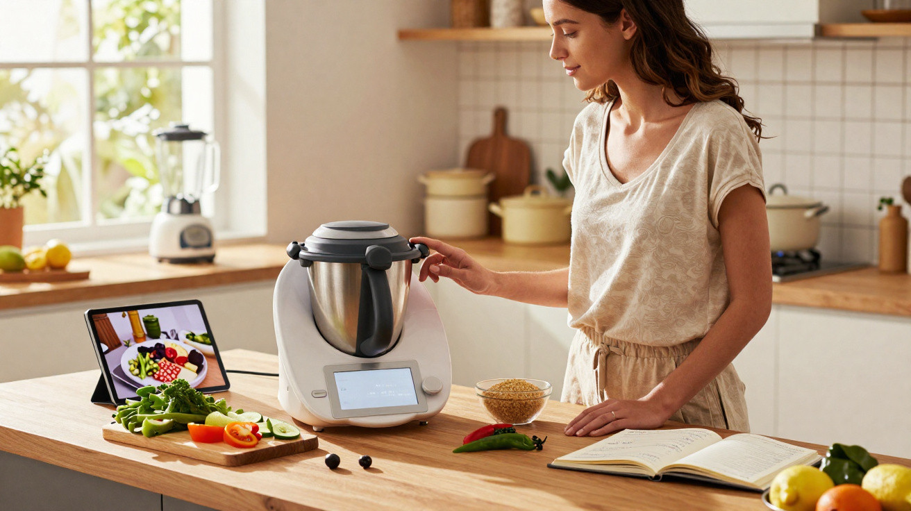 Mulher a usar robot de cozinha numa cozinha moderna com legumes, tablet e livro de receitas na bancada.