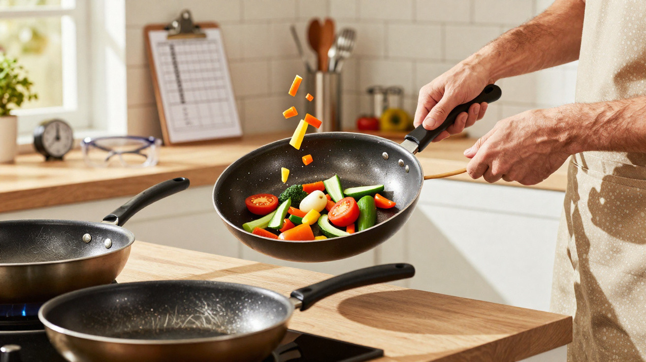 Mãos a saltear legumes coloridos numa frigideira numa cozinha moderna com luz natural.