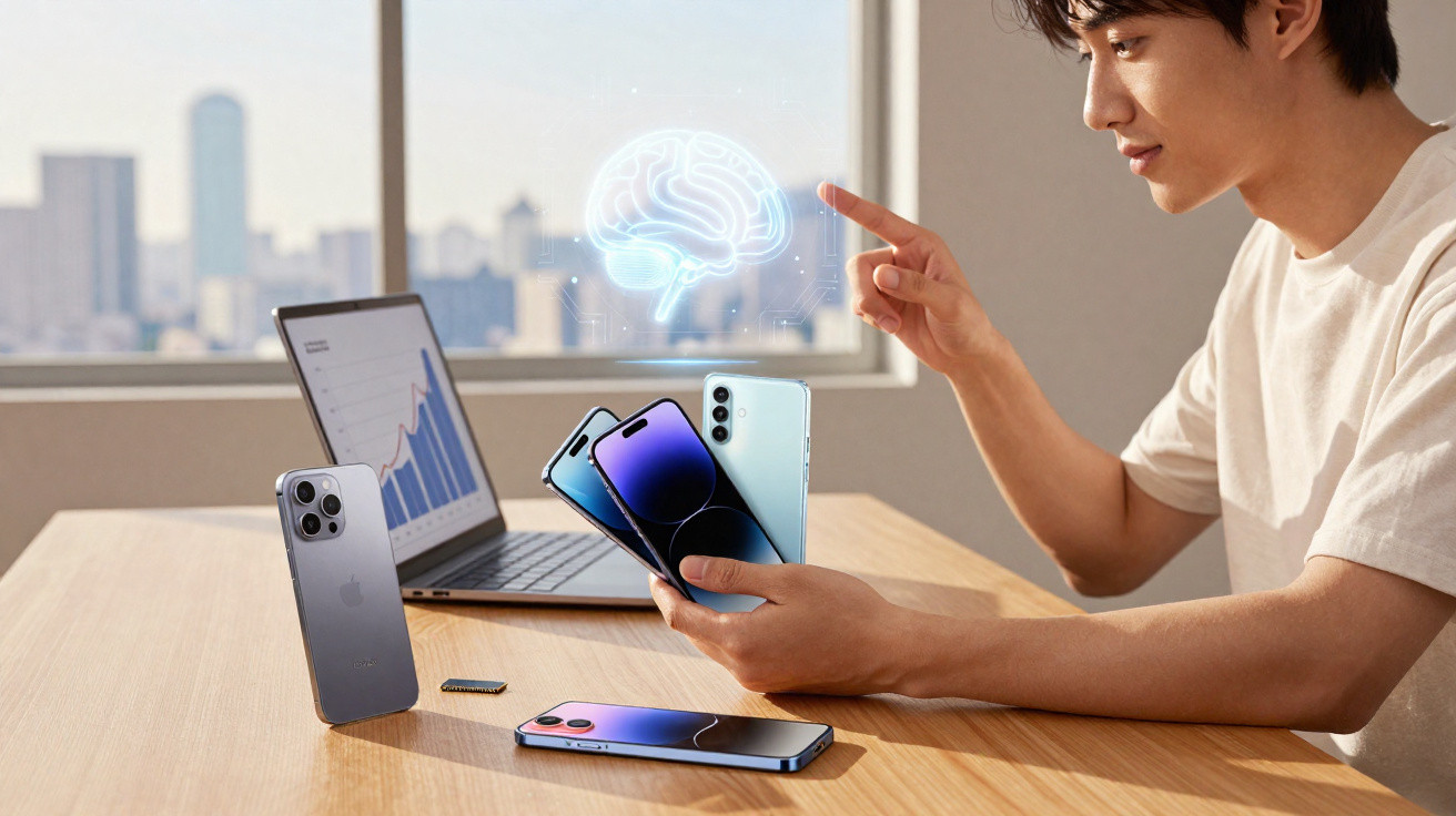 Homem sentado à mesa com vários smartphones, computador portátil e holograma de cérebro digital.