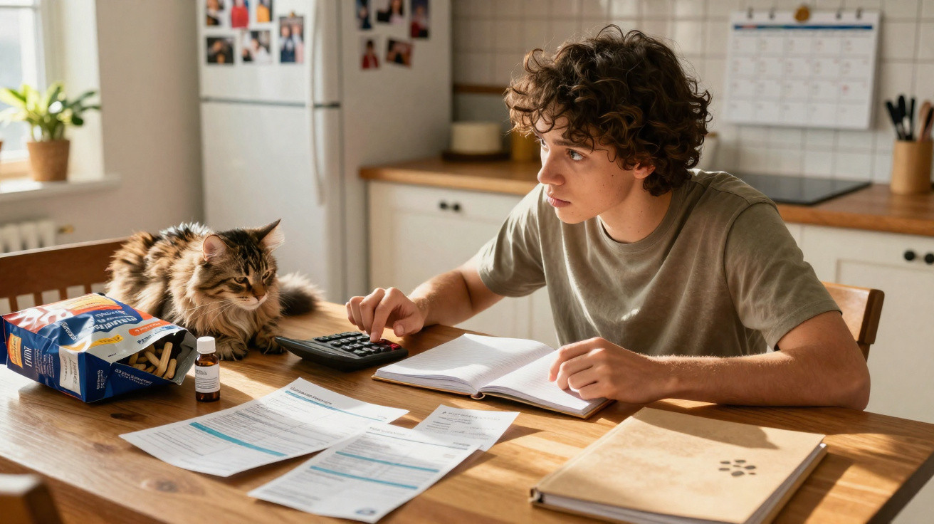 Jovem a calcular contas na cozinha com documentos, caderno e gato ao lado numa mesa de madeira iluminada.