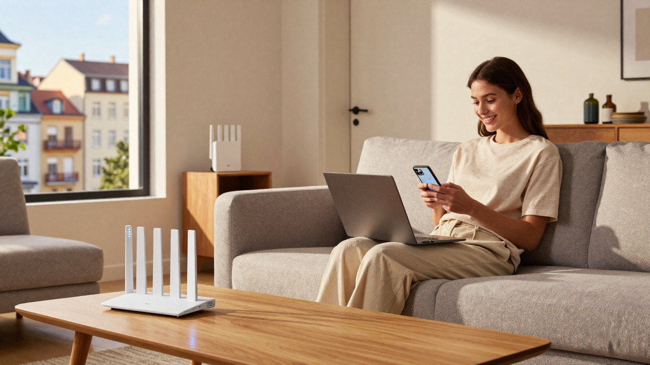 Jovem sentada no sofá a usar portátil e smartphone, com router sobre a mesa de madeira em sala iluminada.